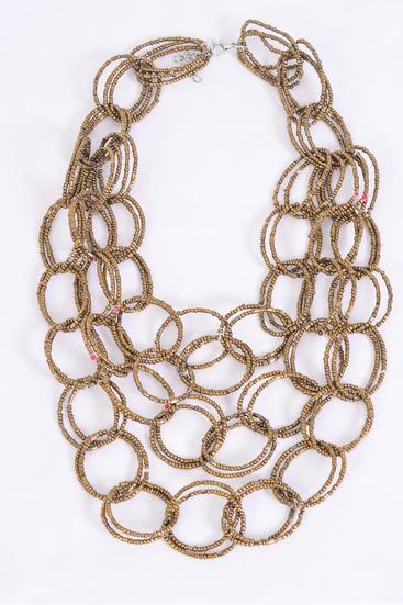 Necklace Layered Handmade Circle Beads Bronze / 12 pcs = Dozen Bronze , Size - 24" Long , Display Card & OPP Bag & UPC Code