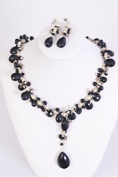 Necklace Sets Black Fancy Design Teardrop Beads/Sets **Post** Size-18" Wide,Display Card & OPP bag & UPC Code