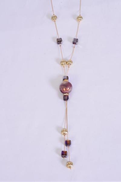 Necklace Trendy Marble Like Rhinestone Bezel Purple / 12 pcs = Dozen Purple , 30'' Chain , Display Card & OPP Bag & UPC Code