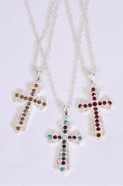 Necklace Cross Rhinestones/PC Cross Size-1.75"x1.25" Wide,24'' Chain,Hang Tag & OPP Bag & UPC Code,Choose Colors