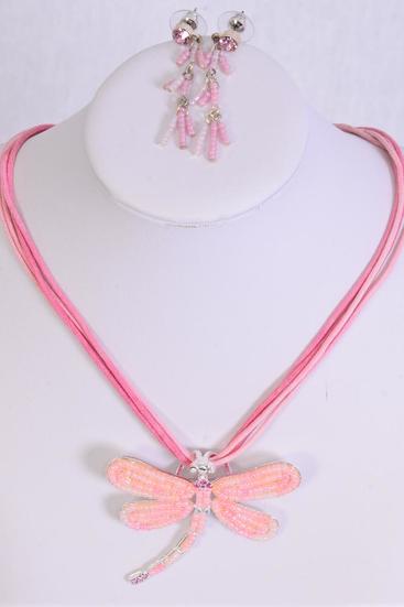 Necklace Sets Dragonfly Rhinestone w indian Beads Pink / Sets Pink , Post , 20" Long , Dragonfly Size - 2.25" x 2" Wide , Display Card & OPP Bag & UPC Code