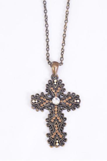 Necklace Antique Filigree Rhinestone Cross Smoke Topaz / 12 pcs = Dozen Smoke Topaz , Cross Size - 2" x 1.5" Wide , 24'' Chain , Hang Tag & OPP Bag & UPC Code