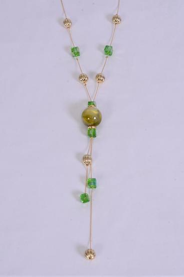Necklace Trendy Marble Like Rhinestone Bezel Olive Green / 12 pcs = Dozen Olive Green , 30'' Chain , Display Card & OPP Bag & UPC Code