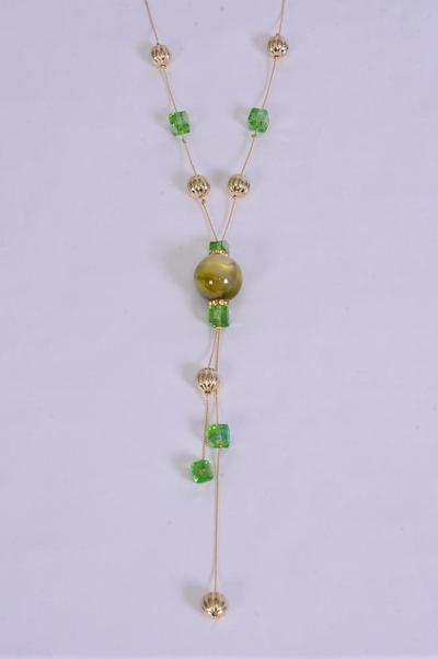 Necklace Trendy Marble Like Rhinestone Bezel Olive Green / 12 pcs = Dozen Olive Green , 30'' Chain , Display Card & OPP Bag & UPC Code