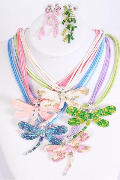 Necklace Sets Dragonfly Rhinestones & Indian Bead Mix / Sets Post , 20" Long , Dragonfly Size-2.25"x 2" Wide , Display Card & OPP Bag & UPC Code , Choose Colors