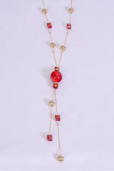 Necklace Trendy Marble Like Rhinestone Bezel Red / 12 pcs = Dozen Red , 30'' Chain , Display Card & OPP Bag & UPC Code