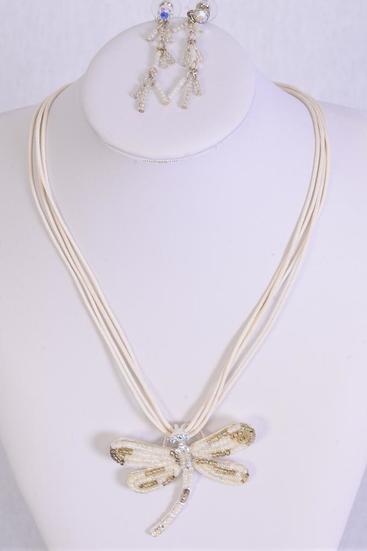 Necklace Sets Dragonfly Rhinestones Indian Bead Mix White / Sets White , Post , 20" Long , Dragonfly Size - 2.25" x 2" Wide , Display Card & OPP Bag & UPC Code