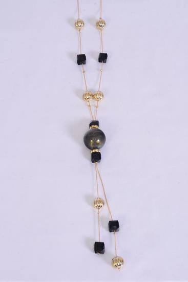 Necklace Trendy Marble Like Rhinestone Bezel Black / 12 pcs = Dozen Black , 30'' Chain , Display Card & OPP Bag & UPC Code