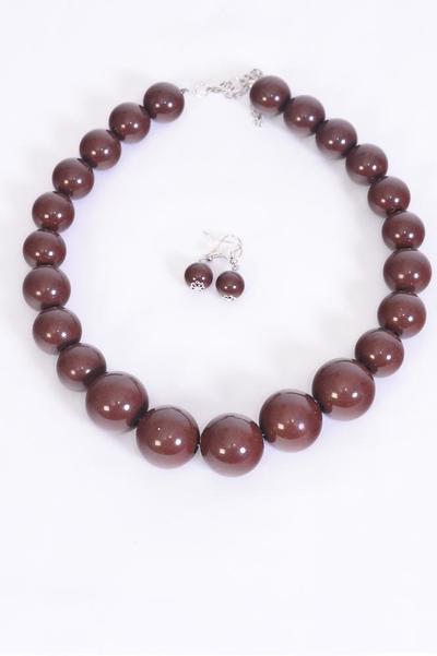 Necklace Sets Brown 24 mm Acrylic Balls/PC 20" Long,Hang Tag & OPP bag & UPC Code