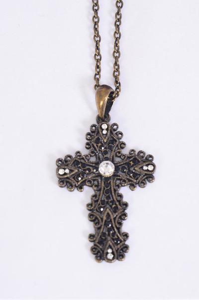 Necklace Cross Filigree Antique Rhinestone Cross / 12 pcs = Dozen Cross Size - 2" x 1.5" Wide , 24" Chain , Hang Tag & OPP Bag , Choose Colors