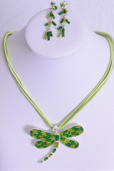 Necklace Sets Dragonfly Rhinestones Indian Bead Mix  Green / Sets Green , Post , 20" Long , Dragonfly Size - 2.25" x 2" Wide , Display Card & OPP Bag & UPC Code