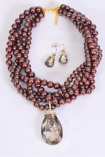 Necklace Sets Chunky Glass Pearl Glass Teardrop Pendant/Sets **Brown Tone** Pendant Size- 2"x 1.25" Wide,16" Long,Display Card & OPP Bag & UPC Code. -