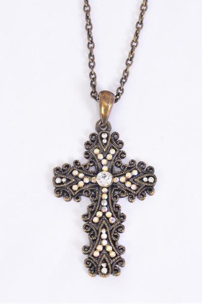 Necklace Antique Filigree Rhinestone Cross/PC Cross Size-2"x 1.5" Wide , 24" Chain , Hang Tag & OPP Bag , Choose Colors