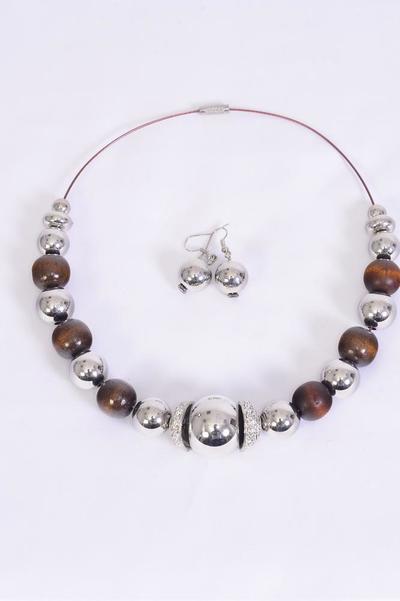 Necklace Sets Choker Large 18 mm Wooden Beads / Sets Fish Hook , Size-16" Wide , Hangtag & Opp Bag & UPC Code