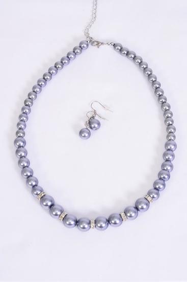 Necklace Sets Graduate from 12 mm Glass Pearls Rhinestone Bezel Gray/Sets **Gray** 18" Extension Chain,Hang tag & Opp bag & UPC Code