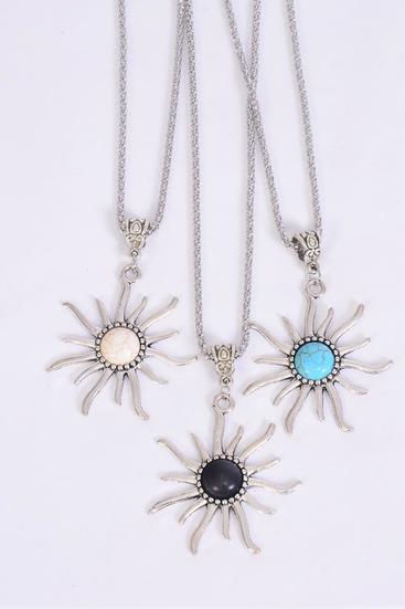 Necklace Silver Chain Metal Antique Sun Semiprecious Stone / 12 pcs = Dozen match 01119 Pendant -1.75" x 1.25" Wide , Chain-18" Extension Chain , 4 Ivory , 4 Black , 4 Turquoise Asst , Hang Tag & OPP Bag & UPC Code