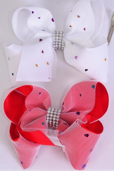 Hair Bow Jumbo Double Layer Mesh Metallic Heart Grosgrain Bow-tie Red & White Mix /Dozen Size-6"x 6" , Alligator Clip , 6 Red , 6 White Asst , Clip Strip & UPC Code