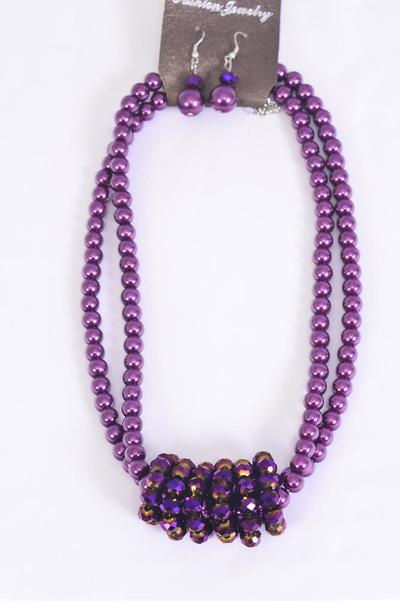 Necklace Sets 2 Strands Purple Glass Pearl Glass Crystals / Sets Purple , Size-18" w Extension Chain , Hang tag & Opp Bag & UPC Code