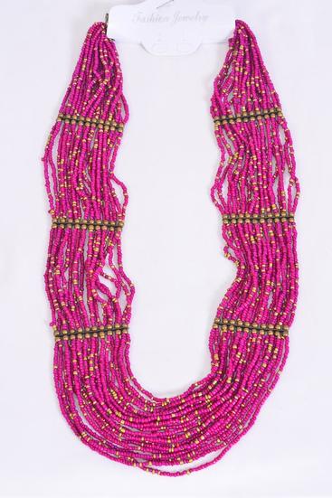 Necklace Indian Beads Brass Findings Fuchsia / PC Fuchsia , Size - 24" Long , Display Card & OPP Bag & UPC Code