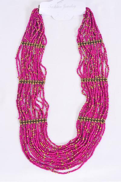 Necklace Bohemian Like Indian Beads Brass Findings Fuchsia / PC Fuchsia , Size - 24" Long , Display Card & OPP Bag & UPC Code