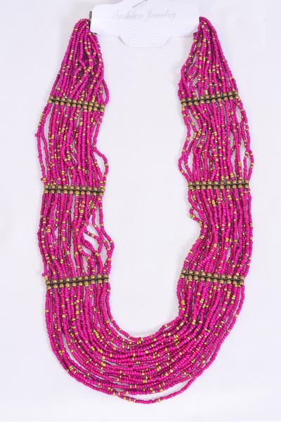 Necklace Indian Beads Brass Findings Fuchsia / PC Fuchsia , Size - 24" Long , Display Card & OPP Bag & UPC Code