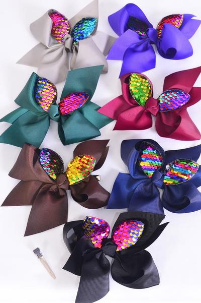 Hair Bow Jumbo Bunny Ear Flip Sequin Grosgrain Bow-tie Dark Multi / 12 pcs Bow = Dozen Alligator Clip , Size - 6" x 5" Wide , 2 Black , 2 Navy , 2 Brown , 2 Burgundy , 2 Purple , 1 Gray , 1 Hunter Green Color Asst , Clip Strip & UPC Code