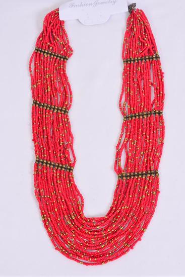 Necklace Indian Beads Brass Findings Red / PC Red , Size - 24" Long , Display Card & OPP Bag & UPC Code
