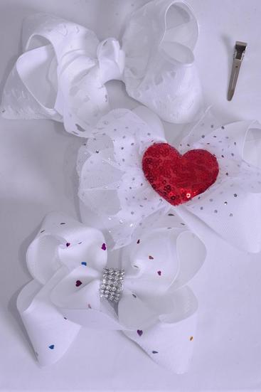 Hair Bow Jumbo Heart Pattern Mix Grosgrain Bow-tie / 12 pcs Bow = Dozen Alligator Clip , Size - 6" x 5" Wide , 4 Of Each Pattern Asst , Clip Strip & UPC Code