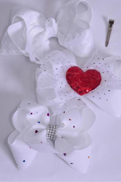 Hair Bow Jumbo Heart Pattern Mix Grosgrain Bow-tie / 12 pcs Bow = Dozen Alligator Clip , Size - 6" x 5" Wide , 4 Of Each Pattern Asst , Clip Strip & UPC Code