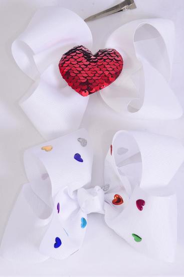 Hair Bow Jumbo Heart Pattern Mix  Grosgrain Bow-tie / 12 pcs Bow = Dozen Alligator Clip , Size - 6" x 5" Wide , 6 Of Each Pattern Asst , Clip Strip & UPC Code