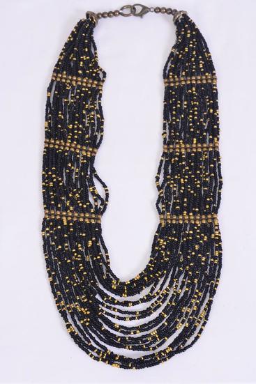 Necklace Indian Beads Brass Findings Black / PC Black , Size - 24" Long , Display Card & OPP Bag & UPC Code