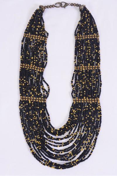 Necklace Indian Beads Brass Findings Black / PC Black , Size - 24" Long , Display Card & OPP Bag & UPC Code