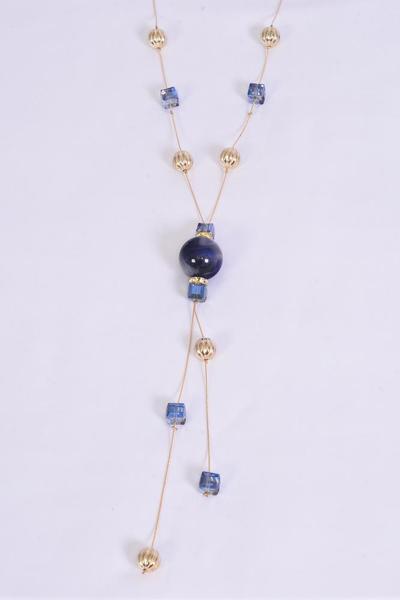 Necklace Chain Trendy Poly Marble Look Rhinestone Bezel Navy / PC Navy , 30'' Chain , Display Card & OPP Bag & UPC Code