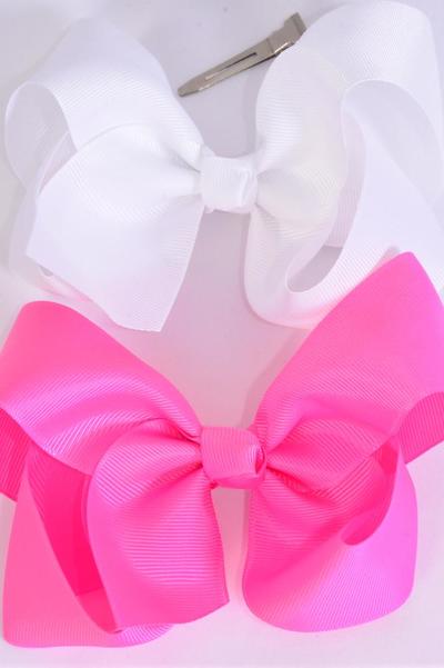 Hair Bow Jumbo White & Hot Pink Mix Alligator Clip Grosgrain Bow-tie/DZ **Alligator Clip** Size-6"x 5" Wide,6 White,6 Hot Pink Mix,Clip Strip & UPC Code