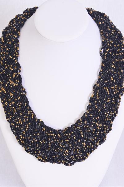 Necklace Woven Indian Beads Black / Pc Black , Size - 17" Extension Chain , Display Card & OPP Bag & UPC Code