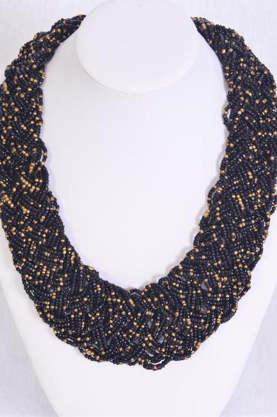 Necklace Woven Indian Beads Black / Pc Black , Size - 18" Extension Chain , Display Card & OPP Bag & UPC Code