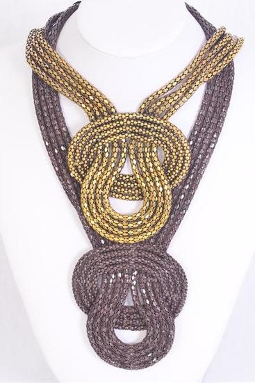 Necklace Vintage 4 Strand Woven Knot Chain Necklace Antique Gold Brown Asst / 12 pcs = Dozen Size - 16" Extension Chain , 6 Antique Gold , 6 Brown Color ASstHang Card & OPP Bag & UPC Code