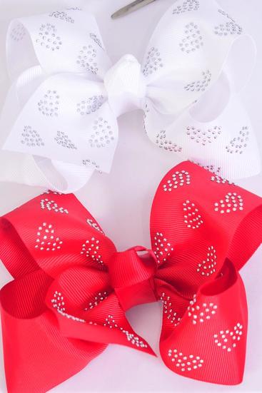 Hair Bow Jumbo Silver Heart Studded Red White Mix Grosgrain Bow-tie/DZ **Alligator Clip** Size-6"x 5" Wide,6 of each Color Asst,Clip Strip & UPC Code