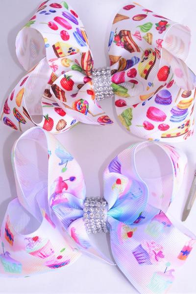 Hair Bow Jumbo Cupcake Macaroon Dessert Cookie Mix Grosgrain Bow-tie / 12 pcs Bow = Dozen Alligator Clip , Size - 6" x 5" Wide , 6 Of each Pattern Asst , Clip Strip & UPC Code