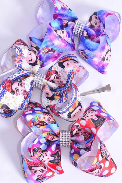 Hair Bow Jumbo Latina Artist Grosgrain Bow-tie / 12 pcs Bow = Dozen Alligator Clip , Size - 6" x 5" Wide , 4 Of Each Pattern Asst , Clip Strip & UPC Code