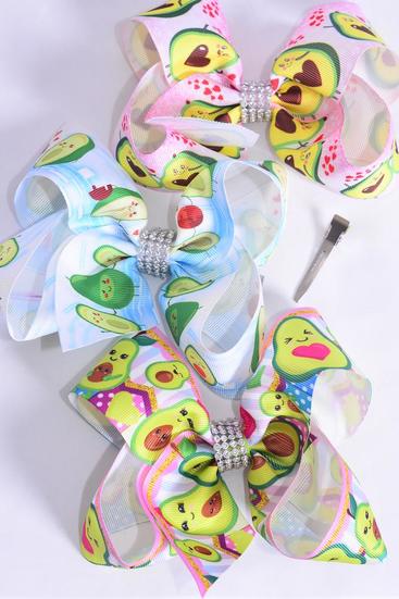 Hair Bow Jumbo Avocadorable Grosgrain Bow-tie / 12 pcs Bow = Dozen Alligator Clip , Size - 6" x 5" Wide , 4 Of Each Pattern Asst , Clip Strip & UPC Code