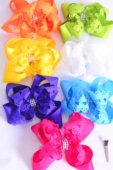 Hair Bow Jumbo Double Layered Hug and Kiss Citrus Grosgrain Bow-tie / 12 pcs Bow = Doze Alligator Clip , Size - 6" x  5" Wide , 2 White , 2 Yellow , 2 Blue , 2 Fuchsia , 2 Purple , 1 Orange , 1 Lime Color Asst , Clip Strip and UPC Code