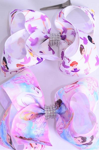 Hair Bow Jumbo Diverse Ballerina Center Clear Stones Grosgrain Bow-tie / 12 pcs Bow = Dozen Alligator Clip , Size - 6" x 5" Wide , 6 of each Pattern Asst , Clip Strip & UPC Code