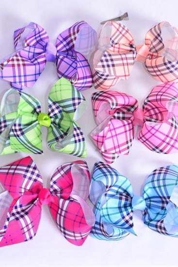 Hair Bow Jumbo Plaid Grosgrain Bow-tie / 12 pcs Bow = Dozen Multi , Alligator Clip , Size - 6" x 5" Wide , 2 Of each Pattern Asst , Clip Strip & UPC Code