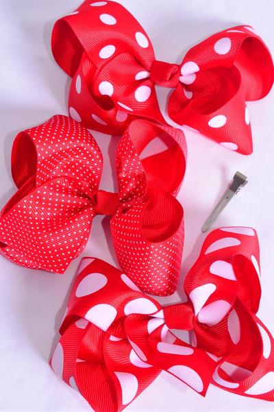 Hair Bow Jumbo Red Polka-dots Mix Grosgrain Bow-tie/DZ **Red Polka-dot Mix** Alligator Clip,Size-6"x 5" Wide,4 of each Pattern Mix,Clip Strip & UPC Code-