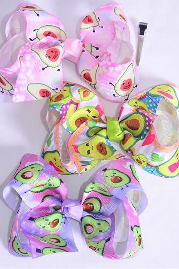 Hair Bow Jumbo Avocadorable Grosgrain Bow-tie / 12 pcs Bow = Dozen Alligator Clip , Size - 6" x 5" Wide , 4 Of Each Pattern Asst , Clip Strip & UPC Code