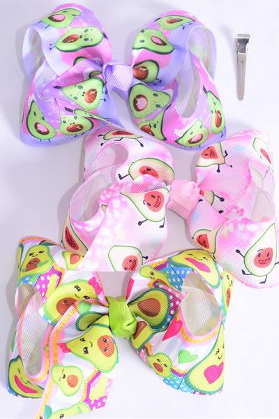 Hair Bow Jumbo Avocadorable Grosgrain Bow-tie / 12 pcs Bow = Dozen Alligator Clip , Size - 6" x 5" Wide , 4 Of Each Pattern Asst , Clip Strip & UPC Code