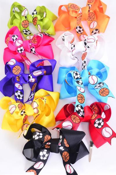 Hair Bow Jumbo All Sports Double Layered Grosgrain Bow-tie Multi / 12 pcs Bow = Dozen Alligator Clip , Bow-6"x 6" Wide , 2 Fuchsia ,2 White ,2 Black ,1 Lime ,1 Orange ,1 Blue ,1 Red ,1 Yellow ,1 Purple ,Clip Strip & UPC Code.