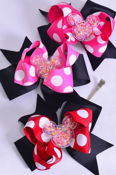Hair Bow Jumbo Double Layered Glitter Star Mouse Ear Charm Polka dot Grosgrain Bow-tie / 12 pcs Bow = Dozen Alligator Clip , Size - 6" x 5" , 4 Of each Pattern Asst , Clip Strip & UPC Code
