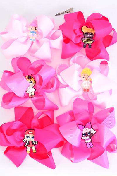 Hair Bow Jumbo Double Layered LOL Doll Charm Pink Mix Grosgrain Bow-tie / 12 pcs = Dozen Alligator Clip , Size - 6" x 6" , 2 Of each Pattern Mix , Clip Strip & UPC Code